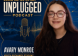 Podcast cover for Grand Rapids Rotary Unplugged with Avary Monroe, a youth exchange student, pictured beside a microphone on a blue themed backdrop.