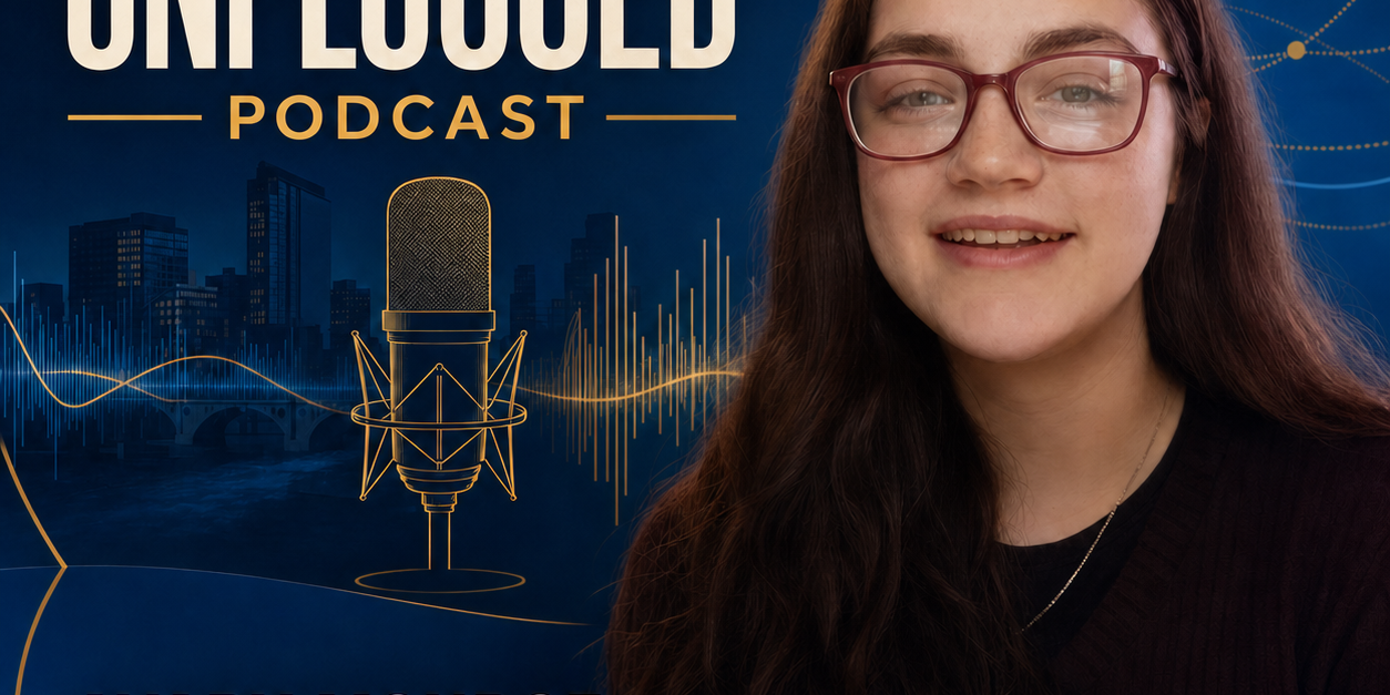 call_b7rqfjslXhH788druqJiFj5B Podcast cover for Grand Rapids Rotary Unplugged with Avary Monroe, a youth exchange student, pictured beside a microphone on a blue themed backdrop.