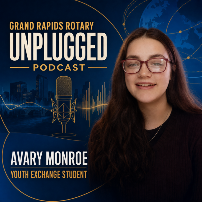call_b7rqfjslXhH788druqJiFj5B Podcast cover for Grand Rapids Rotary Unplugged with Avary Monroe, a youth exchange student, pictured beside a microphone on a blue themed backdrop.