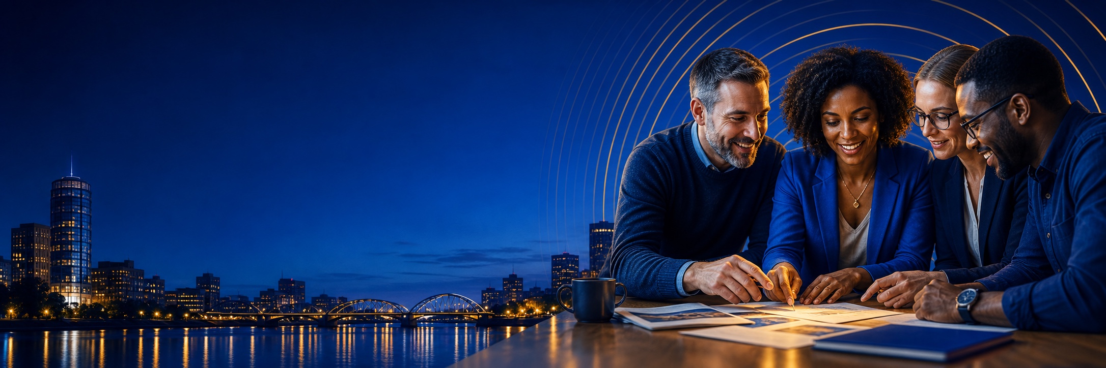 Business professionals collaborating beside the Grand Rapids skyline
